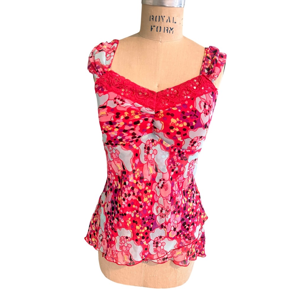 Bisou Bisou Michele Bohbot Pink Floral Lace Sequin Mesh Top Y2K Size 12